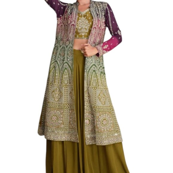 Georgette Olive Green Embroidered Zari & Sequins Work Sharara Suit - Picture 3 of 3